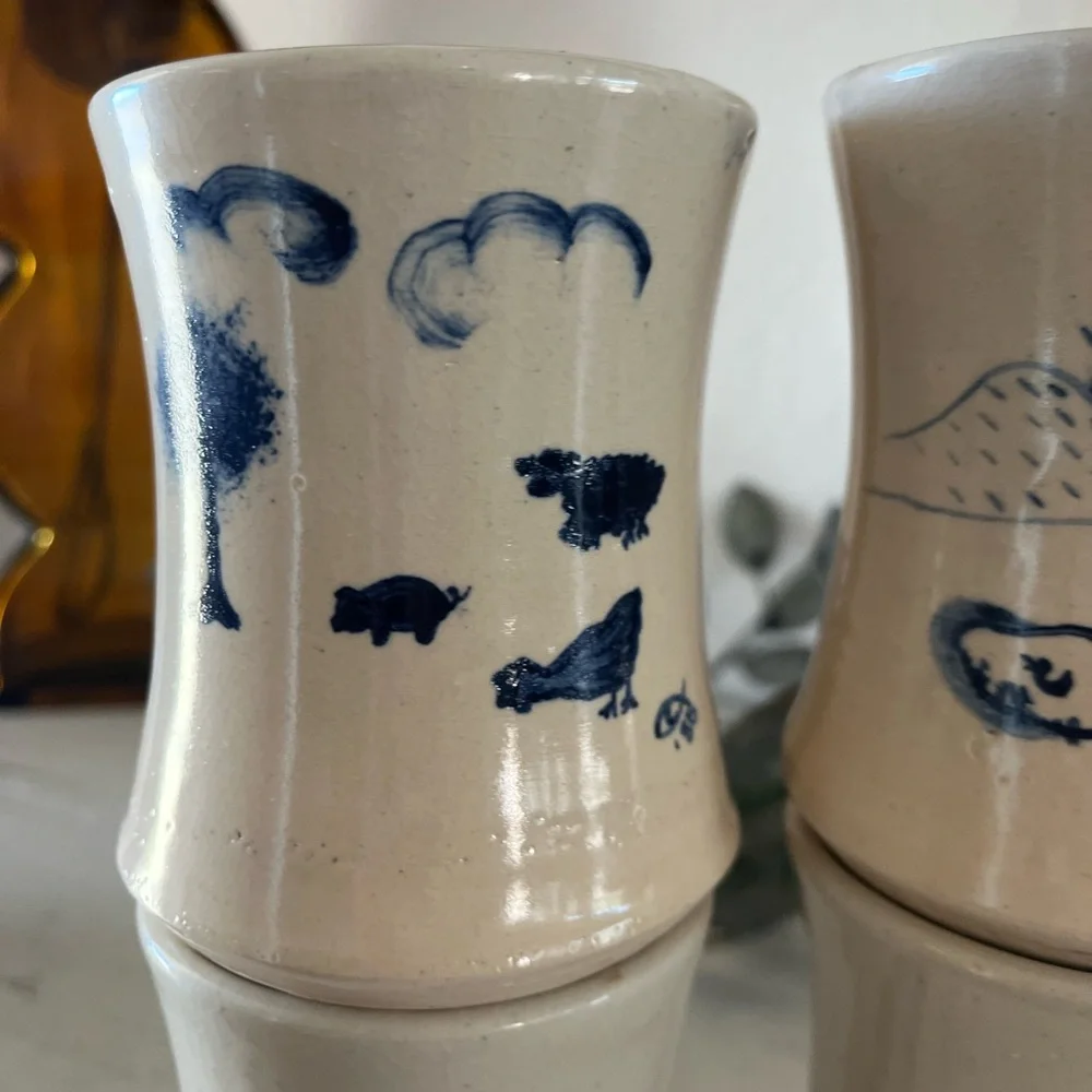 Rare Set of 4 Handmade Pottery Cups Mugs Solid Heavy Blue Folk Art Ichthys Symbo